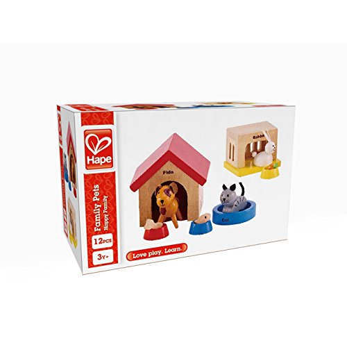 Hape Family Pets Wooden Dollhouse Animal Set – Puppy, Cat & Bunny with Accessories