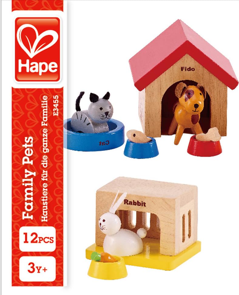 Hape Family Pets Wooden Dollhouse Animal Set – Puppy, Cat & Bunny with Accessories