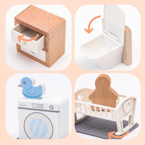 HAPGFS 16-Piece Wooden Dollhouse Furniture Set – Nursery & Bathroom 1:12 Scale, Safe for Kids 3+