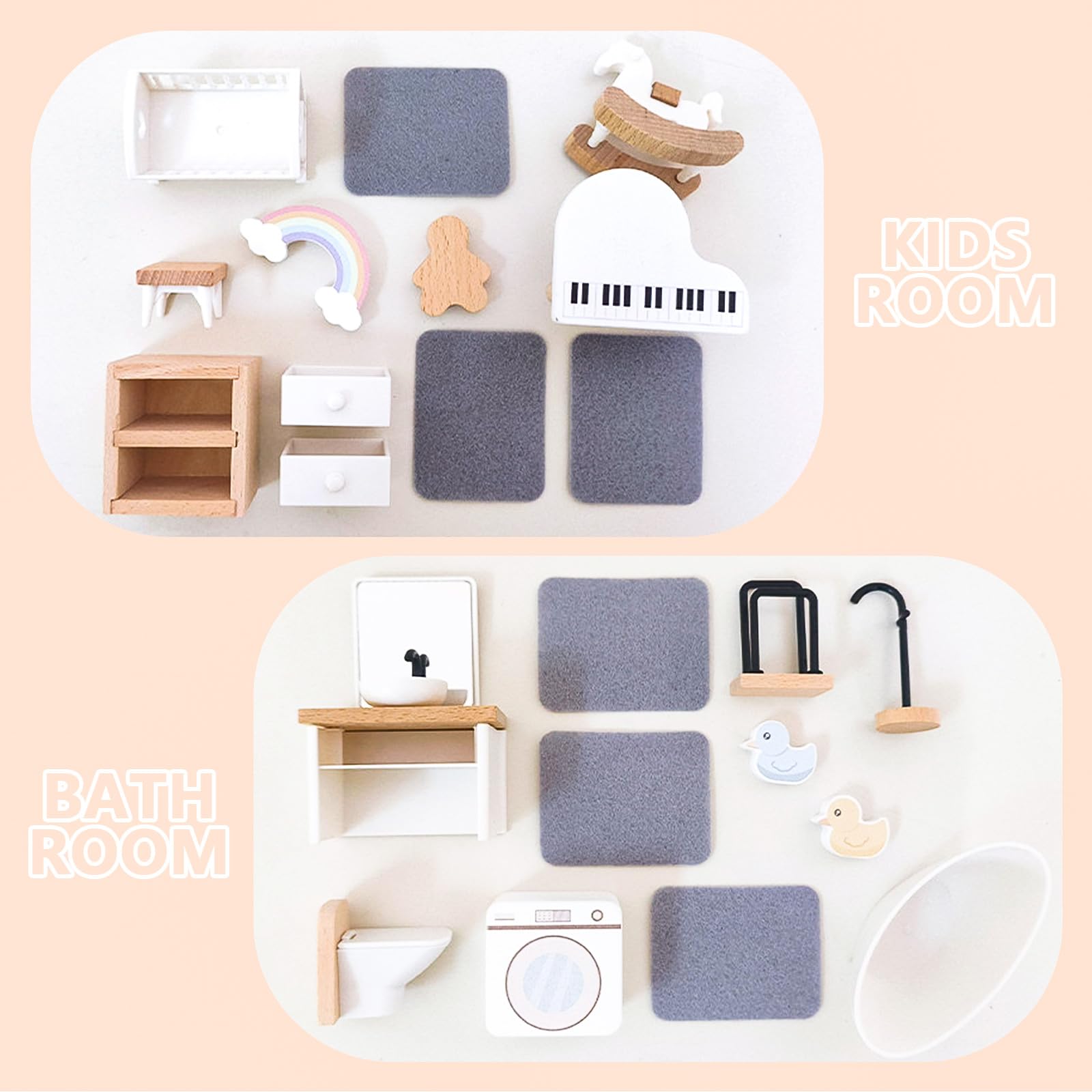 HAPGFS 16-Piece Wooden Dollhouse Furniture Set – Nursery & Bathroom 1:12 Scale, Safe for Kids 3+
