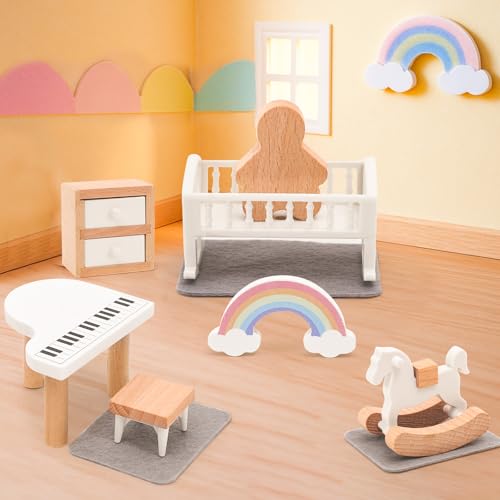 HAPGFS 16-Piece Wooden Dollhouse Furniture Set – Nursery & Bathroom 1:12 Scale, Safe for Kids 3+