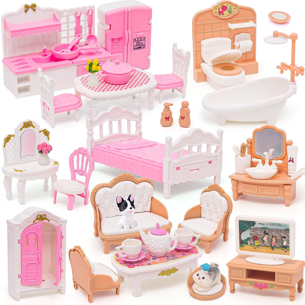 HAPGFS 45-Piece Mini Dollhouse Furniture Set for 5-6 Inch Dolls - Bedroom, Living Room, Bathroom & Kitchen Accessories with Moving Parts
