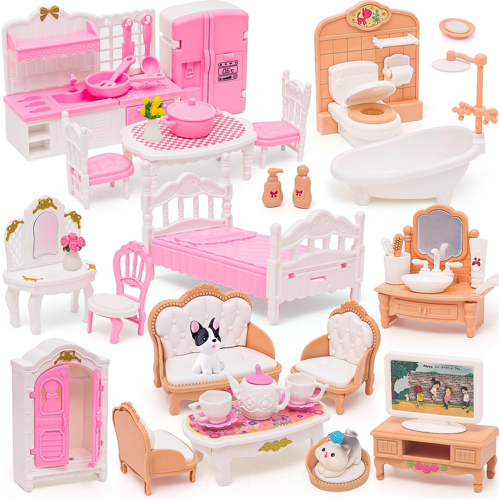 HAPGFS 45-Piece Mini Dollhouse Furniture Set for 5-6 Inch Dolls - Bedroom, Living Room, Bathroom & Kitchen Accessories with Moving Parts