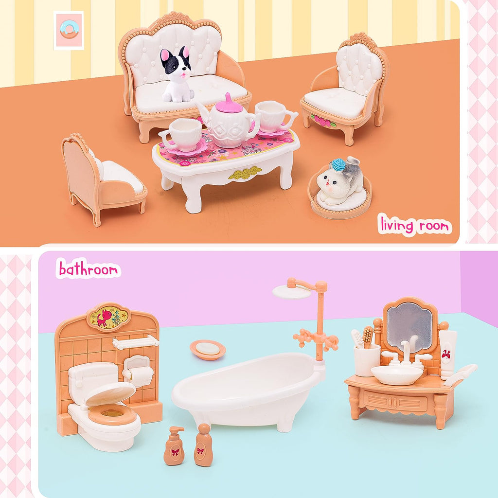 HAPGFS 45-Piece Mini Dollhouse Furniture Set for 5-6 Inch Dolls - Bedroom, Living Room, Bathroom & Kitchen Accessories with Moving Parts