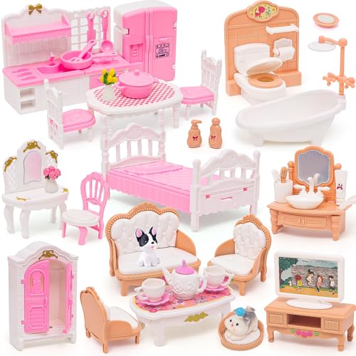 HAPGFS 45-Piece Mini Dollhouse Furniture Set for 5-6 Inch Dolls - Bedroom, Living Room, Bathroom & Kitchen Accessories with Moving Parts