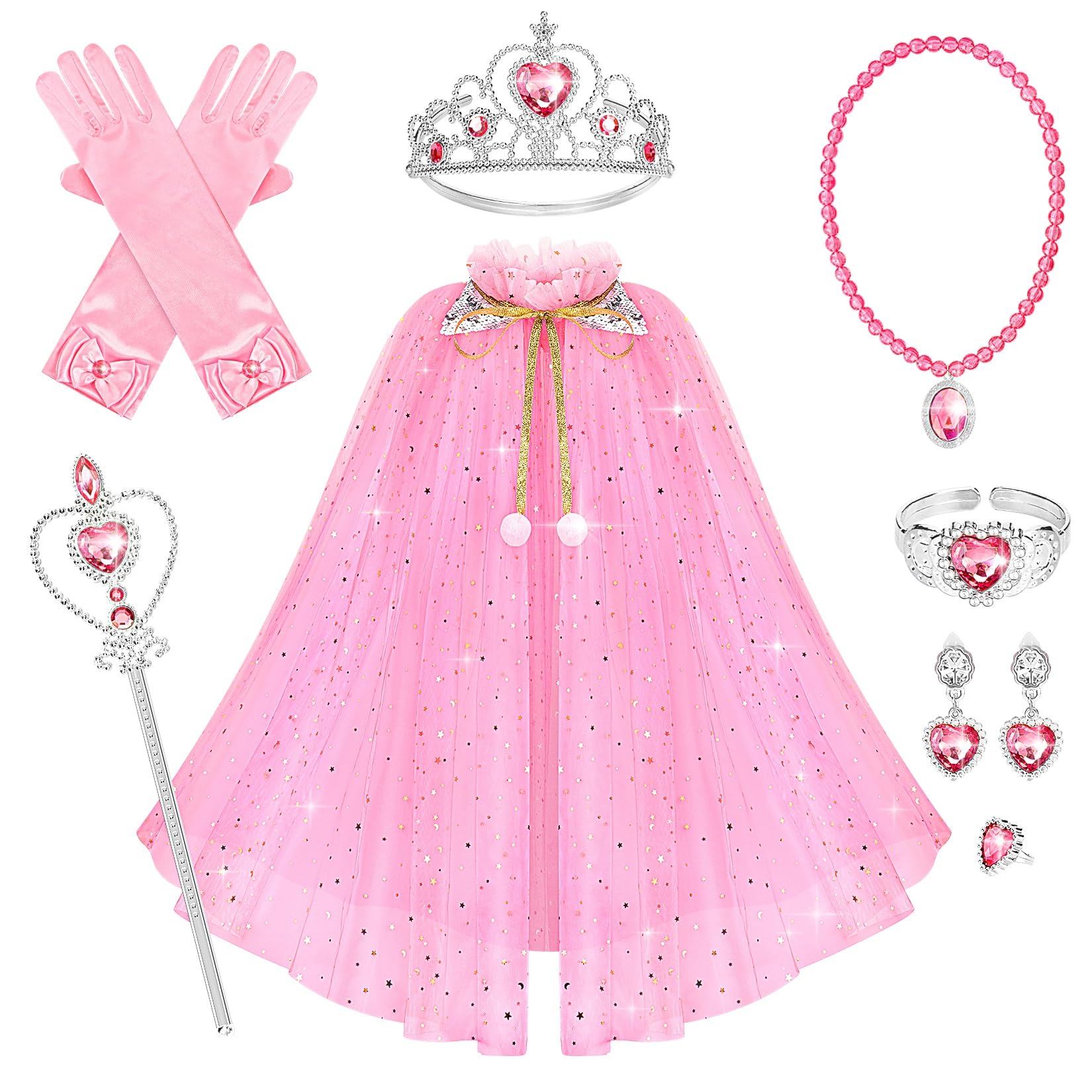 Hapgo 10-Piece Princess Cape Set for Little Girls – Dress-Up Costume with Tiara, Crown, Wand, Gloves, and Jewelry