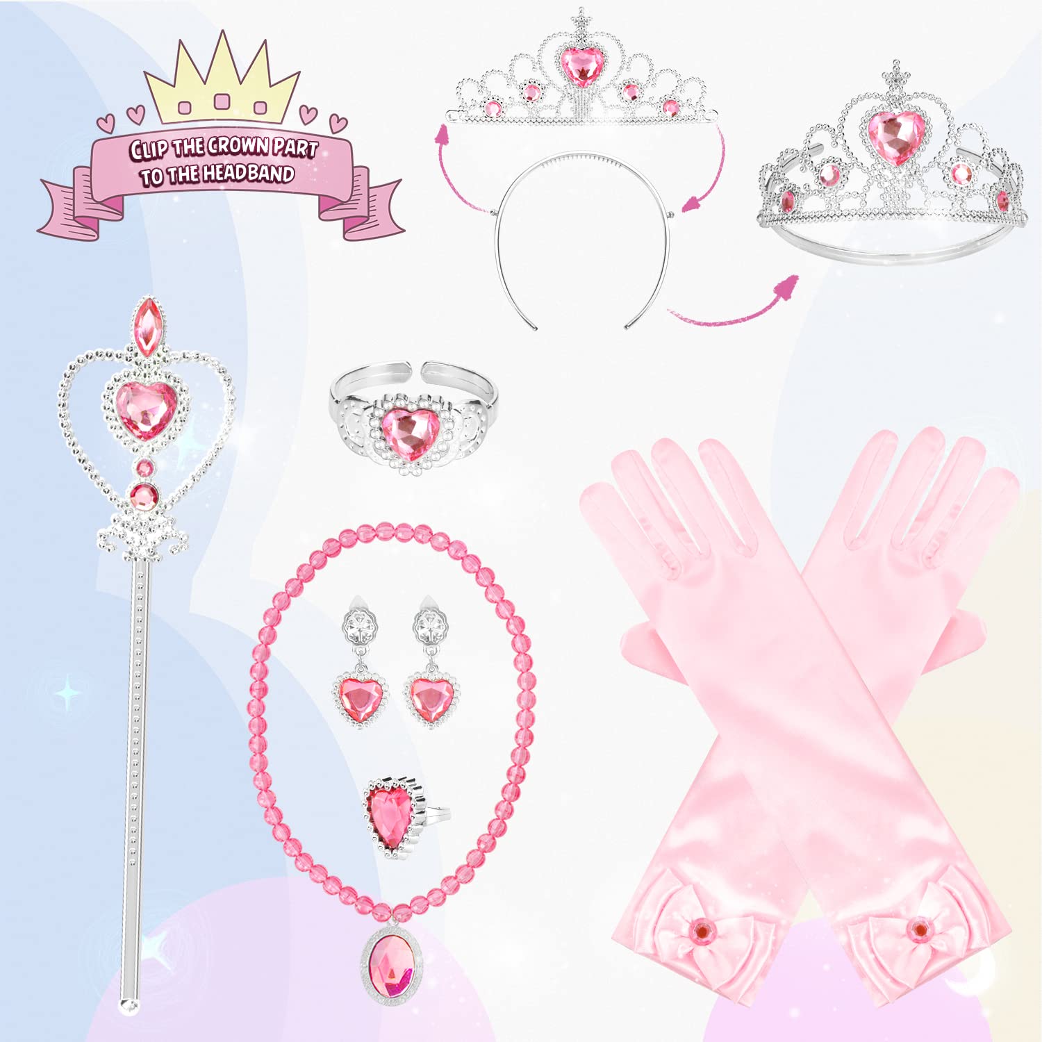 Hapgo 10-Piece Princess Cape Set for Little Girls – Dress-Up Costume with Tiara, Crown, Wand, Gloves, and Jewelry