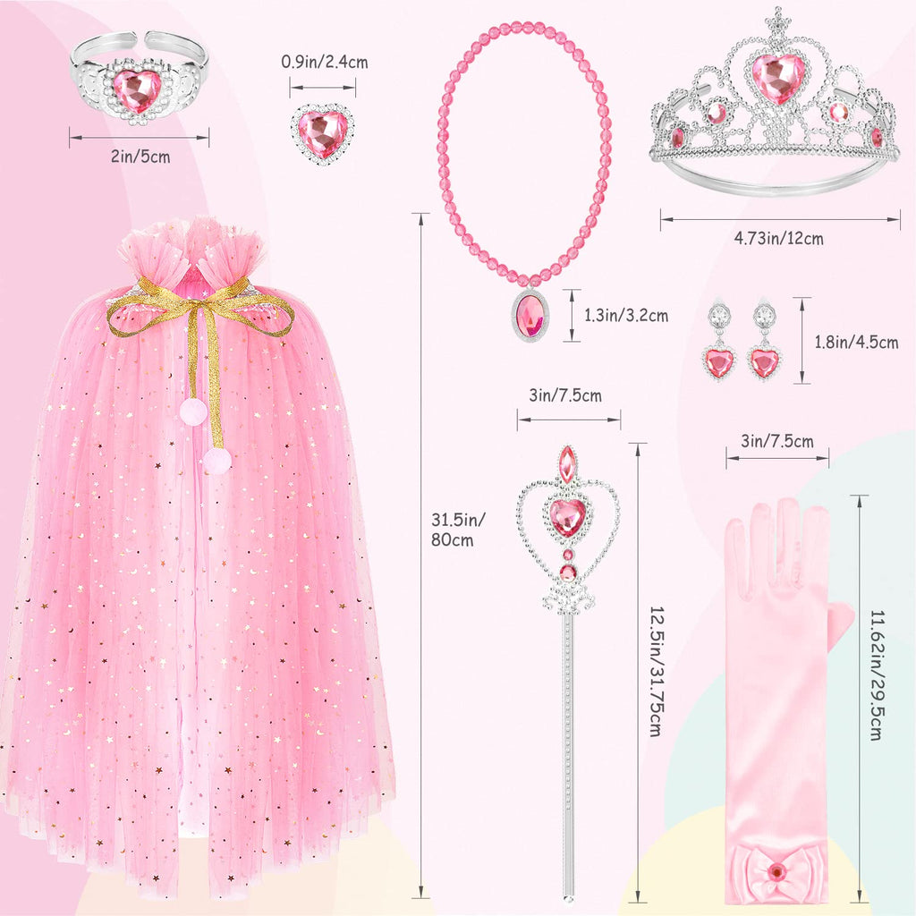 Hapgo 10-Piece Princess Cape Set for Little Girls – Dress-Up Costume with Tiara, Crown, Wand, Gloves, and Jewelry