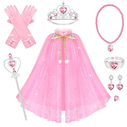 Hapgo 10-Piece Princess Cape Set for Little Girls – Dress-Up Costume with Tiara, Crown, Wand, Gloves, and Jewelry