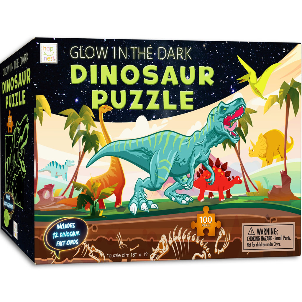 Hapinest Glow-in-the-Dark Dinosaur Puzzle 100 Pieces with Fact Cards and LED Flashlight for Kids Ages 5+