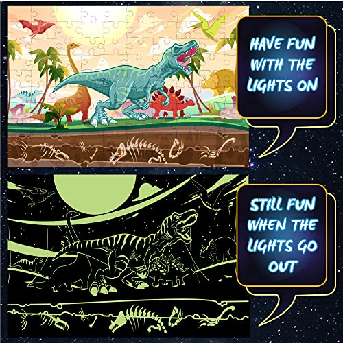 Hapinest Glow-in-the-Dark Dinosaur Puzzle 100 Pieces with Fact Cards and LED Flashlight for Kids Ages 5+