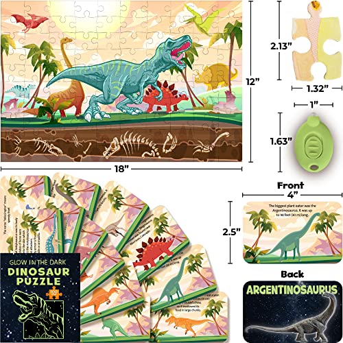 Hapinest Glow-in-the-Dark Dinosaur Puzzle 100 Pieces with Fact Cards and LED Flashlight for Kids Ages 5+