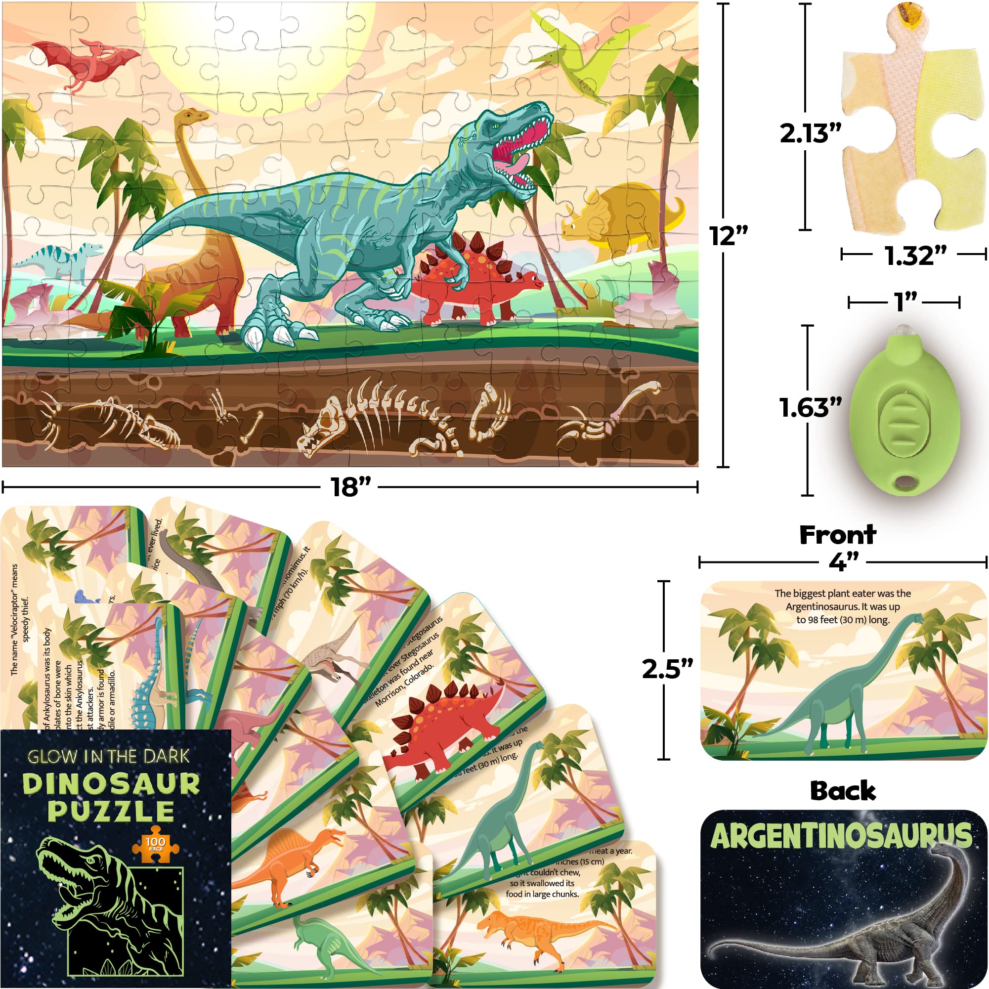 Hapinest Glow-in-the-Dark Dinosaur Puzzle 100 Pieces with Fact Cards and LED Flashlight for Kids Ages 5+