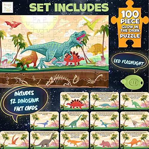 Hapinest Glow-in-the-Dark Dinosaur Puzzle 100 Pieces with Fact Cards and LED Flashlight for Kids Ages 5+