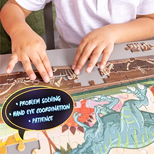 Hapinest Glow-in-the-Dark Dinosaur Puzzle 100 Pieces with Fact Cards and LED Flashlight for Kids Ages 5+