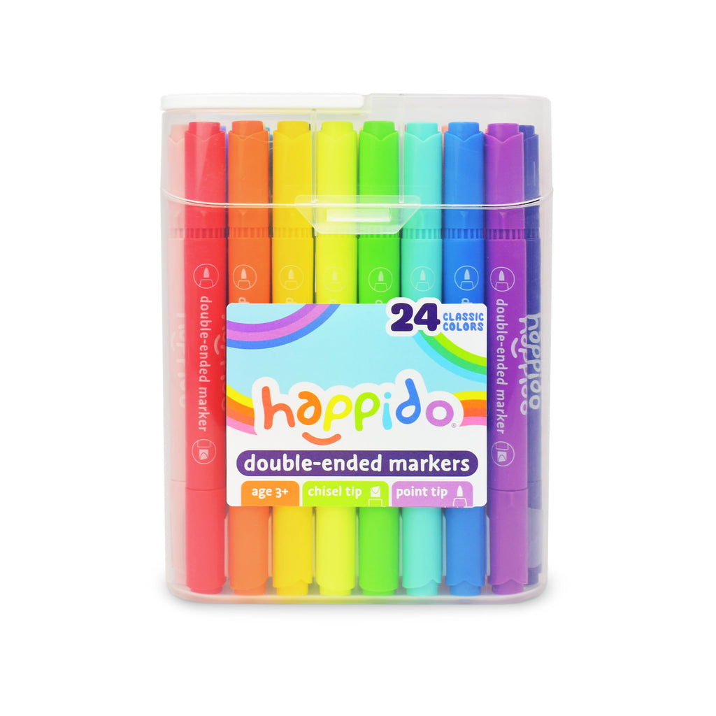 Happido 24 Double Sided Markers Set – Chisel & Point Tips, Non-Toxic, with Travel Case for Kids & Adults