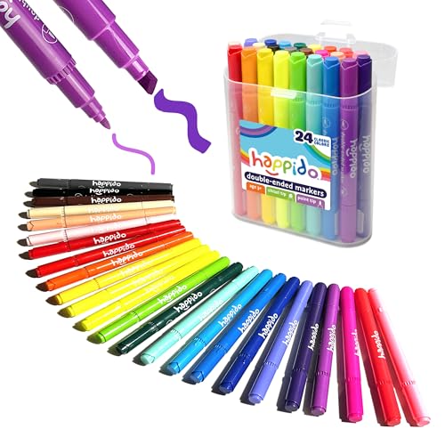 Happido 24 Double Sided Markers Set – Chisel & Point Tips, Non-Toxic, with Travel Case for Kids & Adults