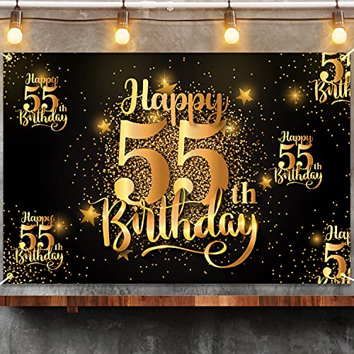 Happy 55th Birthday Backdrop Banner - Glitter Black Gold 6x4 ft Step and Repeat Decor