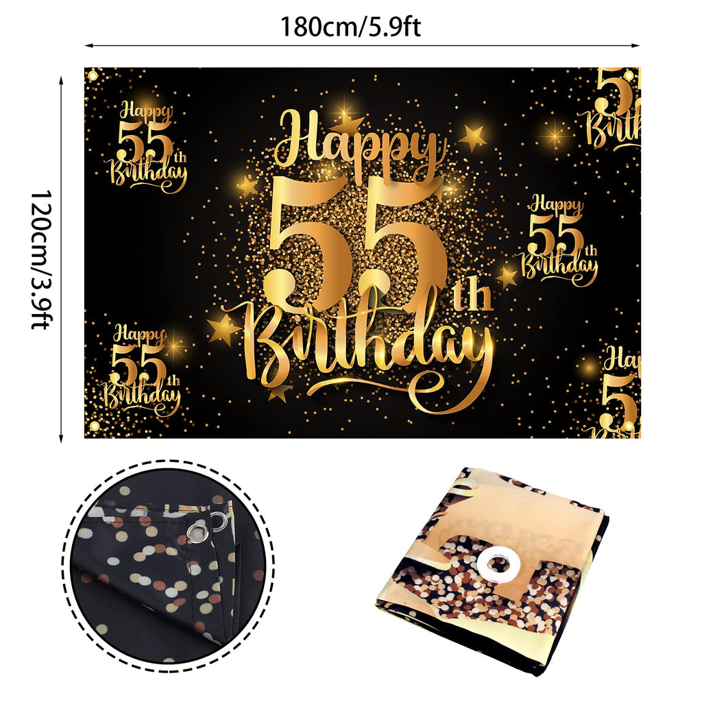Happy 55th Birthday Backdrop Banner - Glitter Black Gold 6x4 ft Step and Repeat Decor