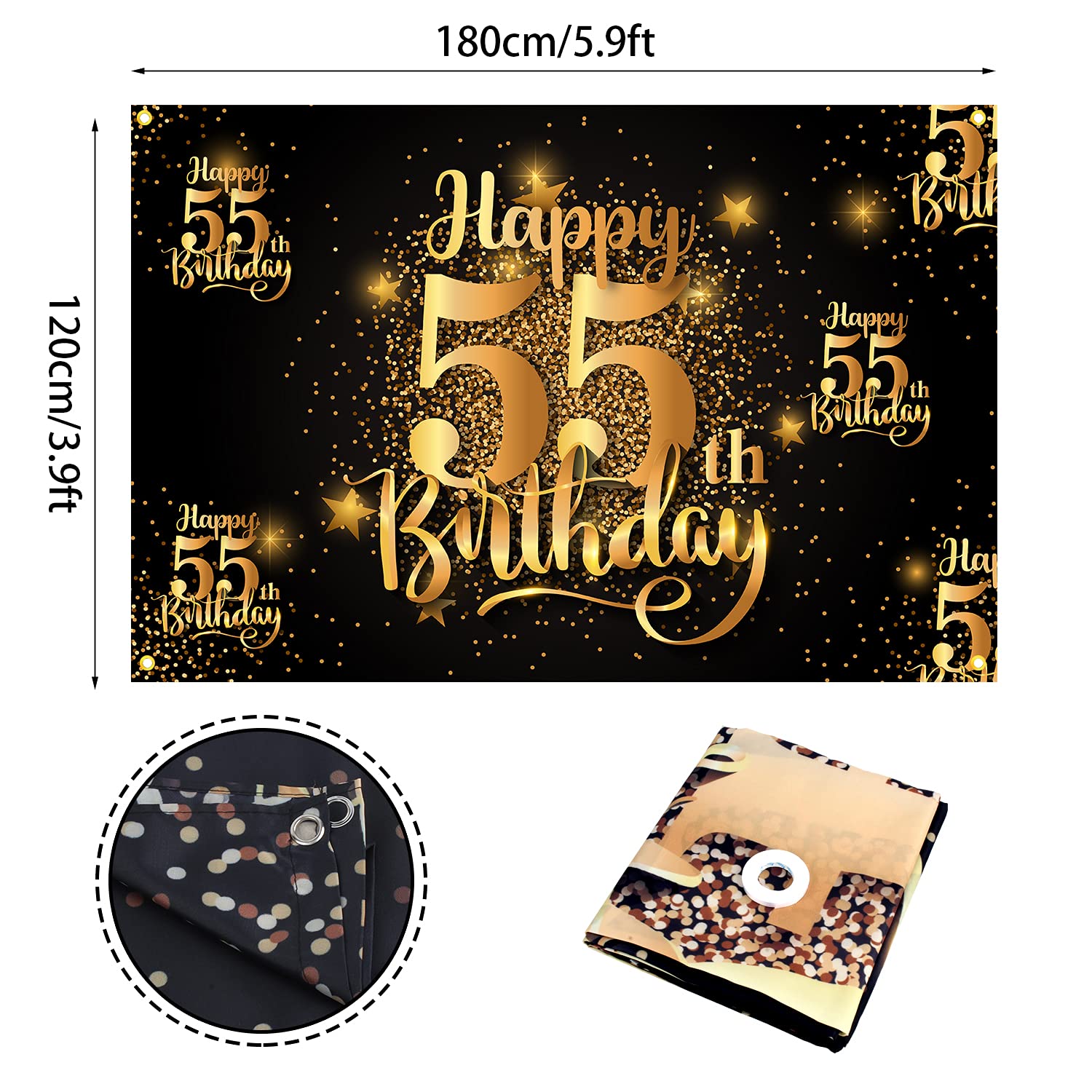Happy 55th Birthday Backdrop Banner - Glitter Black Gold 6x4 ft Step and Repeat Decor