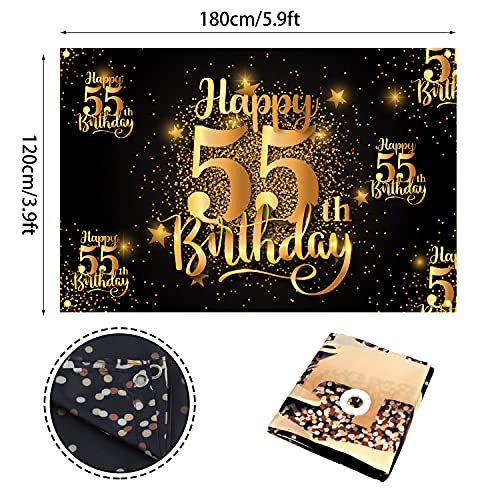 Happy 55th Birthday Backdrop Banner - Glitter Black Gold 6x4 ft Step and Repeat Decor
