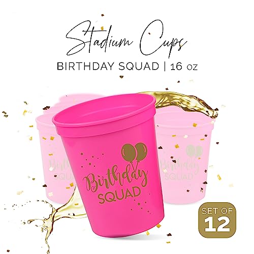 Happy Birthday Squad Cups - Set of 12 Pink 16oz Plastic Cups for Milestone Birthday Parties, Bachelorette, and More
