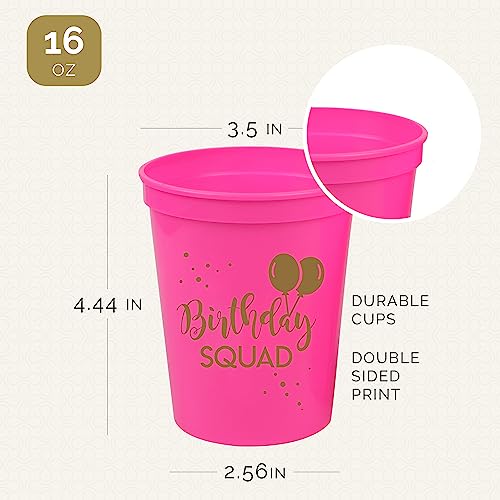 Happy Birthday Squad Cups - Set of 12 Pink 16oz Plastic Cups for Milestone Birthday Parties, Bachelorette, and More