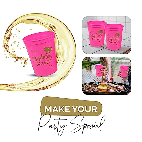 Happy Birthday Squad Cups - Set of 12 Pink 16oz Plastic Cups for Milestone Birthday Parties, Bachelorette, and More