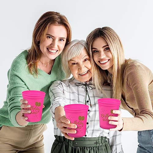 Happy Birthday Squad Cups - Set of 12 Pink 16oz Plastic Cups for Milestone Birthday Parties, Bachelorette, and More
