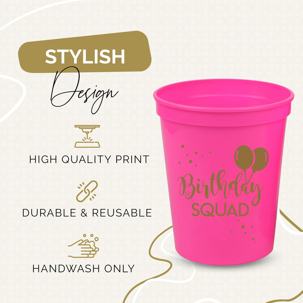 Happy Birthday Squad Cups - Set of 12 Pink 16oz Plastic Cups for Milestone Birthday Parties, Bachelorette, and More