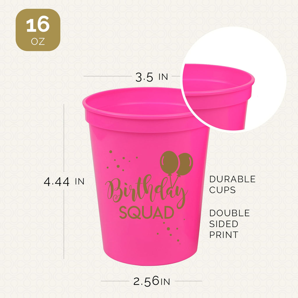 Happy Birthday Squad Cups - Set of 12 Pink 16oz Plastic Cups for Milestone Birthday Parties, Bachelorette, and More