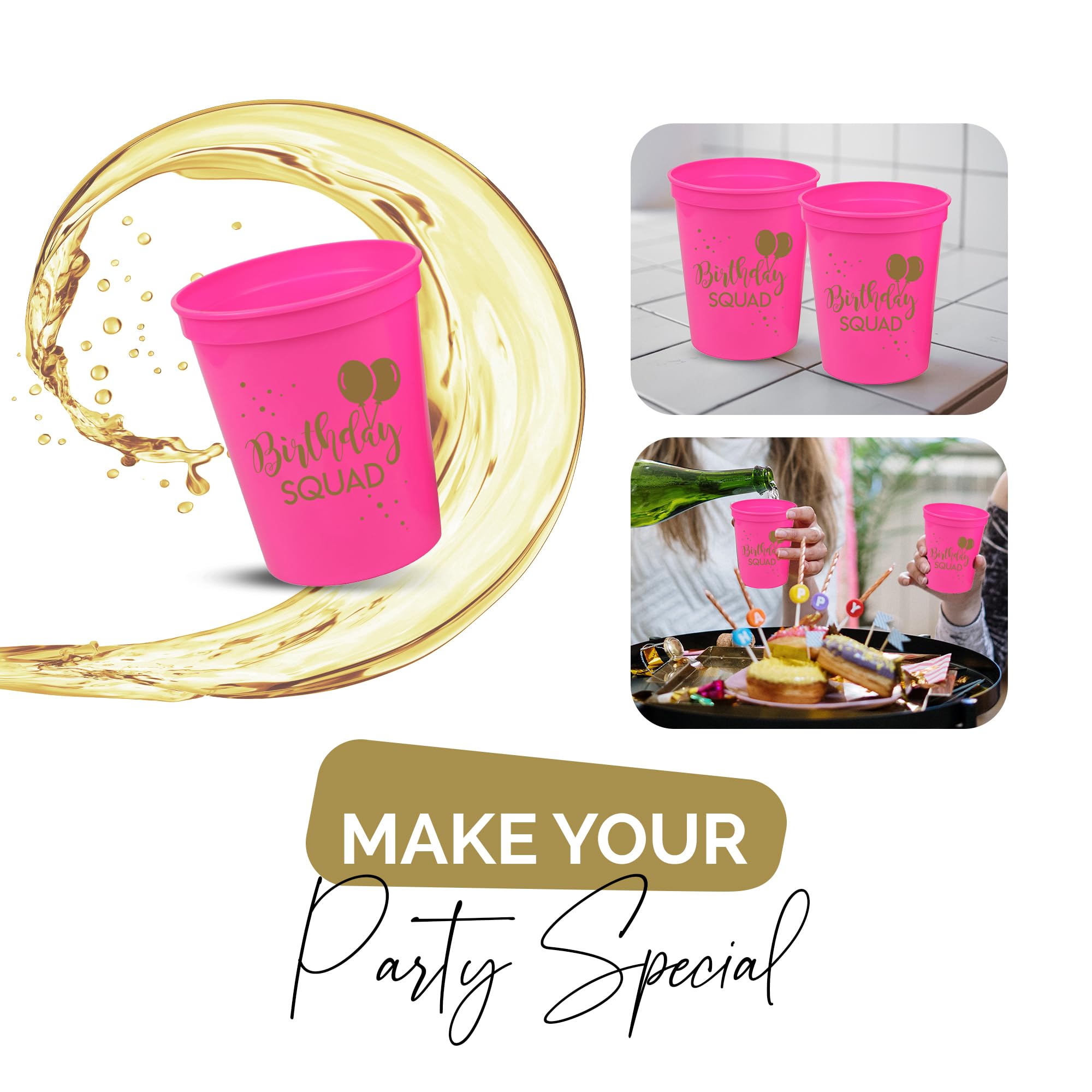 Happy Birthday Squad Cups - Set of 12 Pink 16oz Plastic Cups for Milestone Birthday Parties, Bachelorette, and More