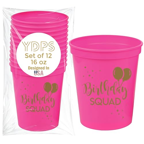 Happy Birthday Squad Cups - Set of 12 Pink 16oz Plastic Cups for Milestone Birthday Parties, Bachelorette, and More