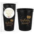 Happy Birthday Squad Cups – 12 Pack of 16oz Black Plastic Cups for Adult Birthday Party Favors & Decorations