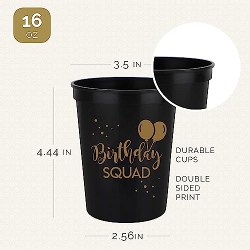 Happy Birthday Squad Cups – 12 Pack of 16oz Black Plastic Cups for Adult Birthday Party Favors & Decorations