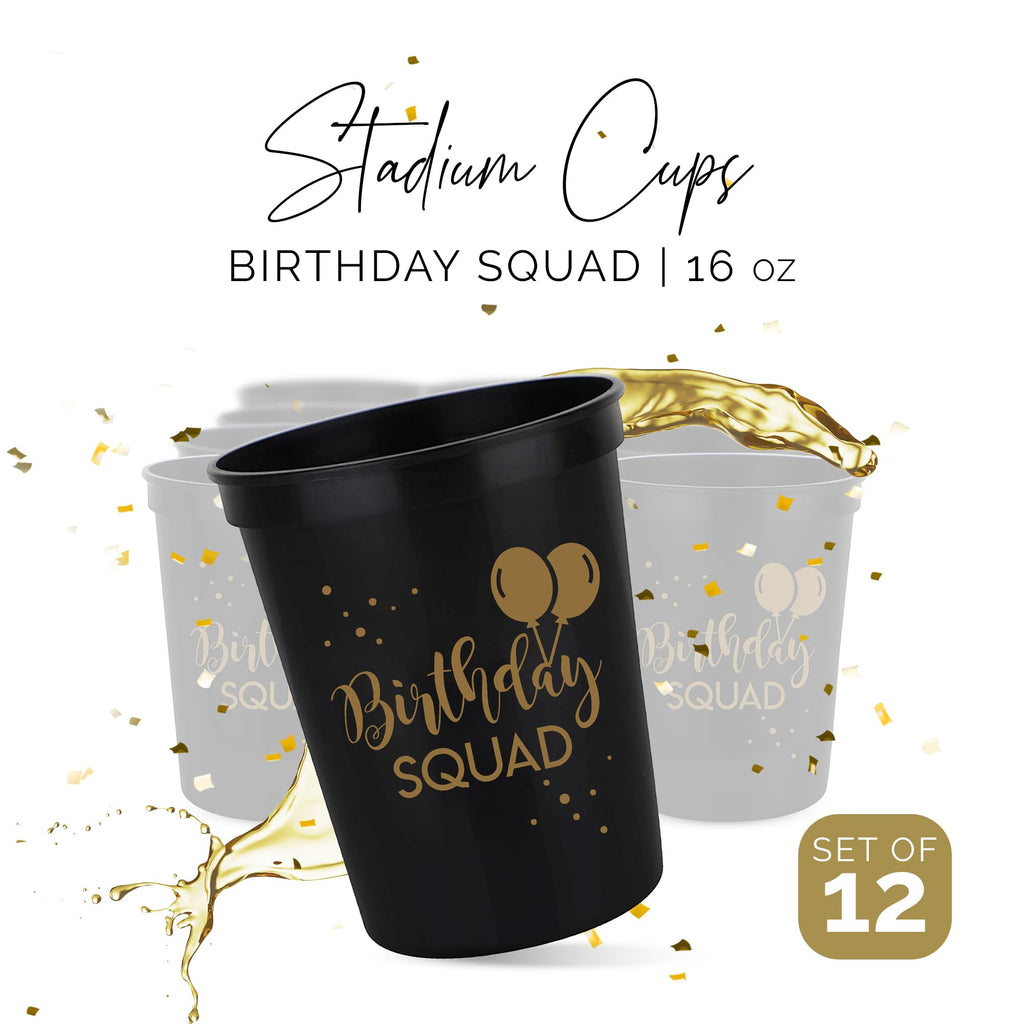 Happy Birthday Squad Cups – 12 Pack of 16oz Black Plastic Cups for Adult Birthday Party Favors & Decorations