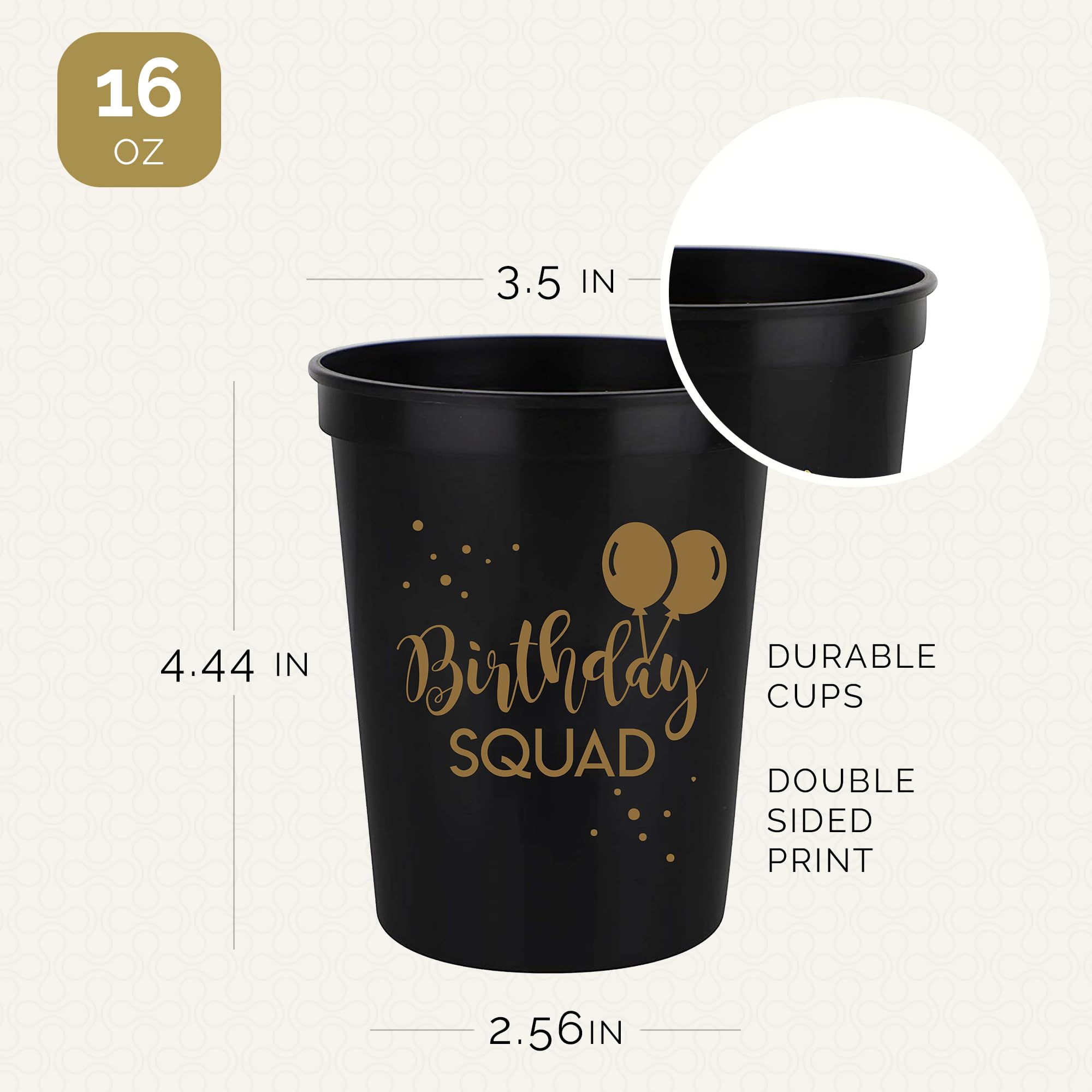 Happy Birthday Squad Cups – 12 Pack of 16oz Black Plastic Cups for Adult Birthday Party Favors & Decorations