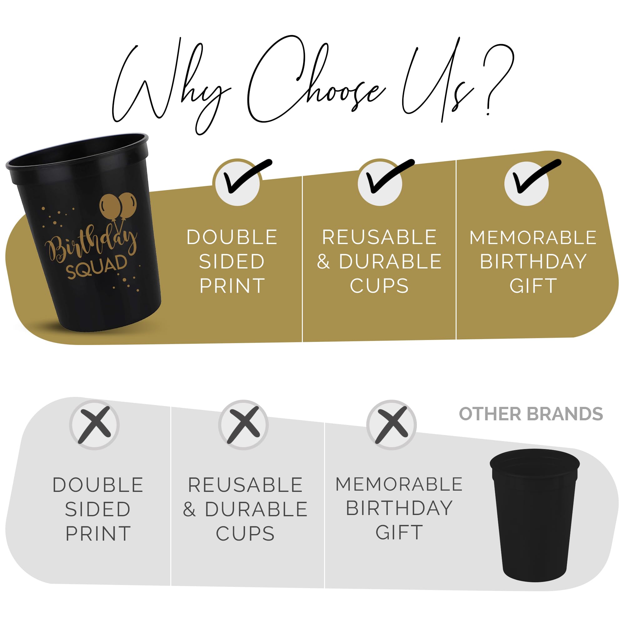 Happy Birthday Squad Cups – 12 Pack of 16oz Black Plastic Cups for Adult Birthday Party Favors & Decorations