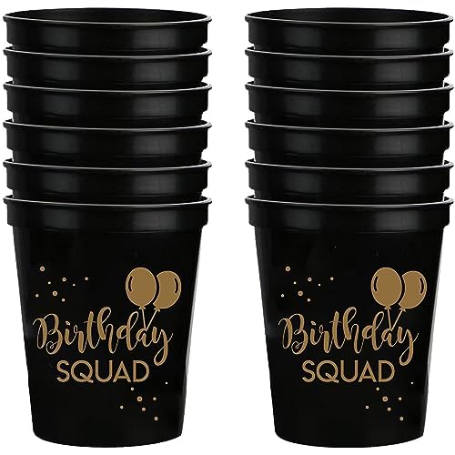 Happy Birthday Squad Cups – 12 Pack of 16oz Black Plastic Cups for Adult Birthday Party Favors & Decorations