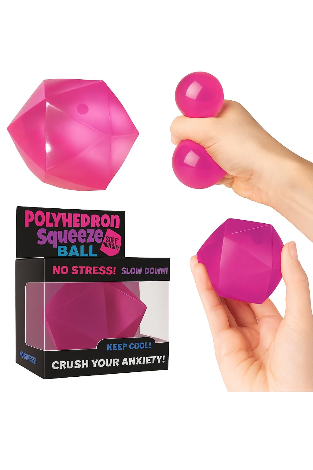Hapros 20-Sided Diamond Sugar Ball Stress Toy - Slow-Rise Gummy Fidget, Non-Toxic, Squeeze for Anxiety (Pink or Purple, Single)