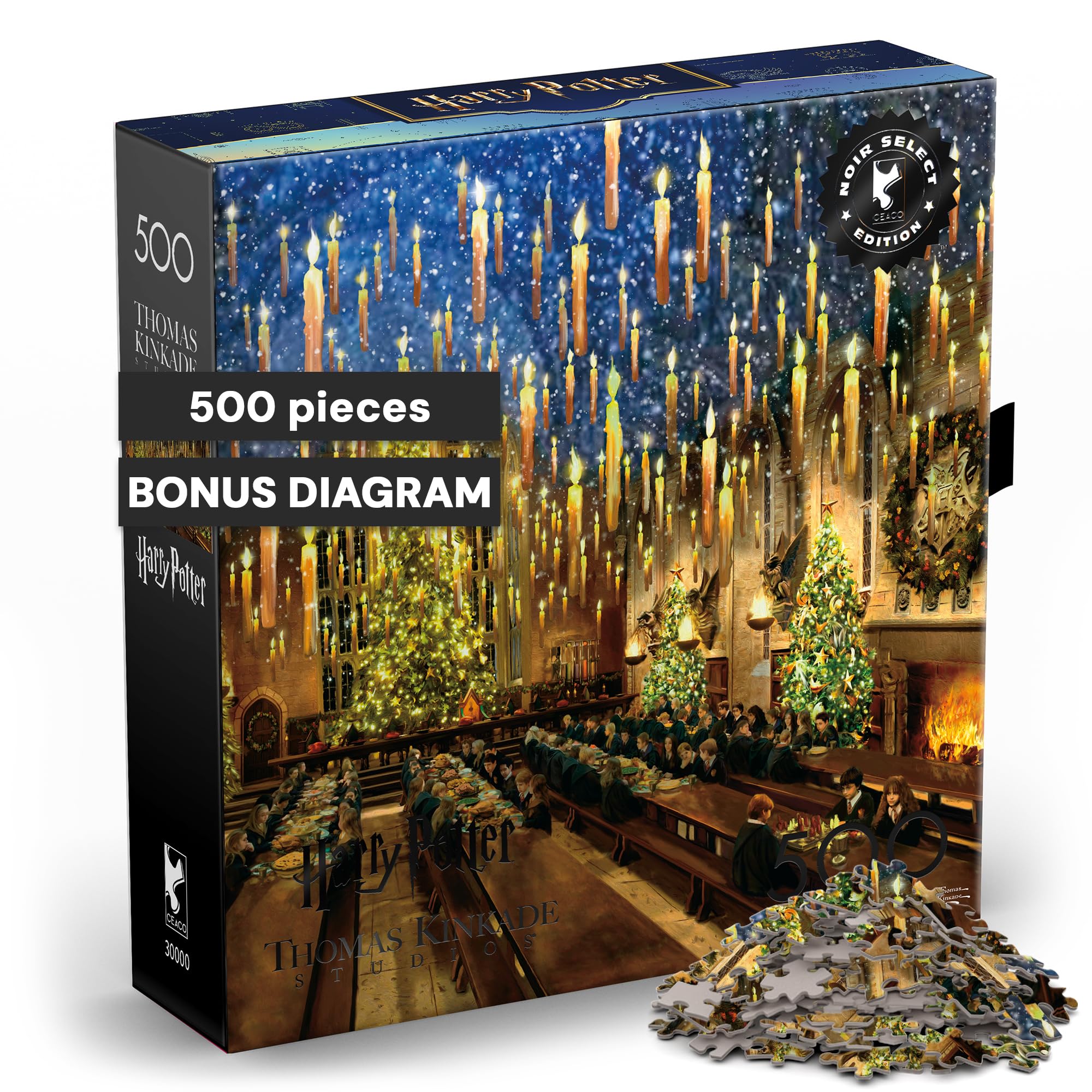 Harry Potter Great Hall 500-Piece Jigsaw Puzzle by Thomas Kinkade – Ceaco Silver Select – Festive Christmas Art for Adults