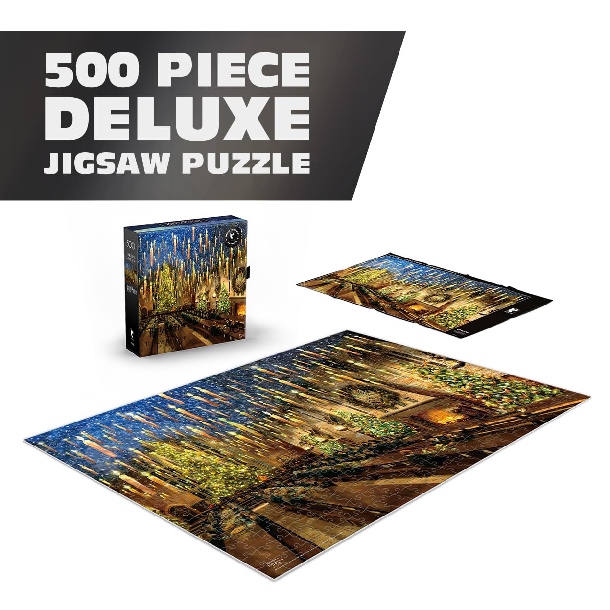 Harry Potter Great Hall 500-Piece Jigsaw Puzzle by Thomas Kinkade – Ceaco Silver Select – Festive Christmas Art for Adults