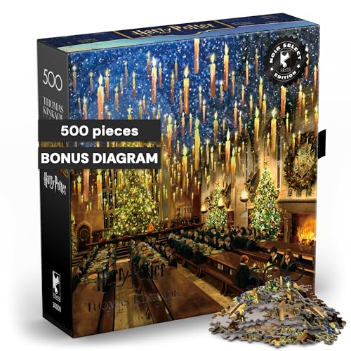 Harry Potter Great Hall 500-Piece Jigsaw Puzzle by Thomas Kinkade – Ceaco Silver Select – Festive Christmas Art for Adults