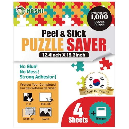HASHI Puzzle Saver 4 Sheets with Hangers – Peel & Stick Adhesive for 1000-Piece Jigsaw Puzzles