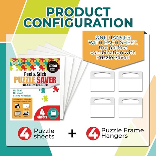 HASHI Puzzle Saver 4 Sheets with Hangers – Peel & Stick Adhesive for 1000-Piece Jigsaw Puzzles