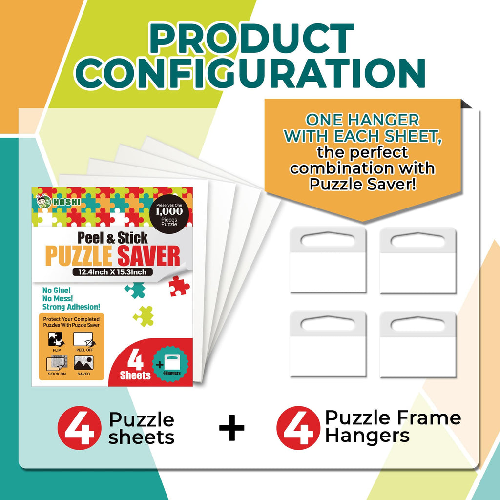 HASHI Puzzle Saver 4 Sheets with Hangers – Peel & Stick Adhesive for 1000-Piece Jigsaw Puzzles