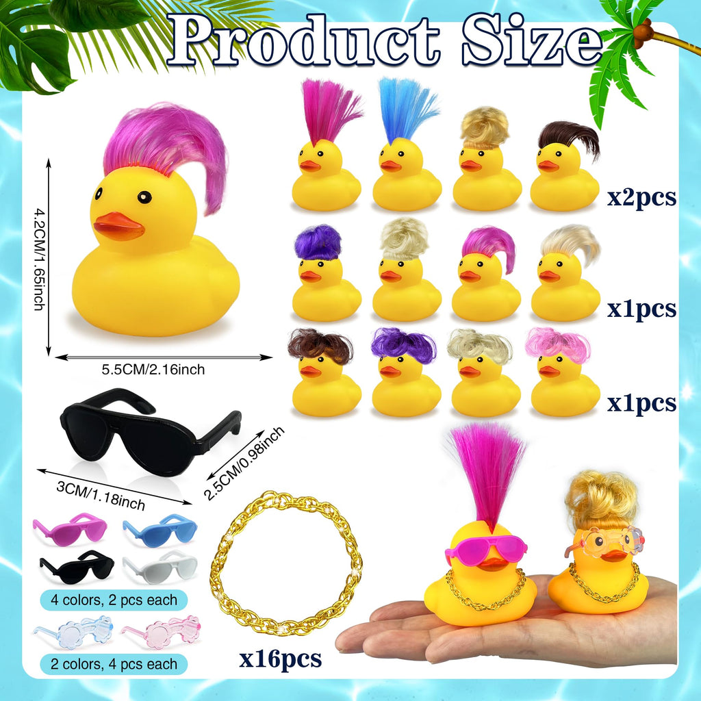 HAVAGDTM 16-Pack Mini Duck Toys with Wigs, Necklaces & Sunglasses – Cute Party Favors for Kids