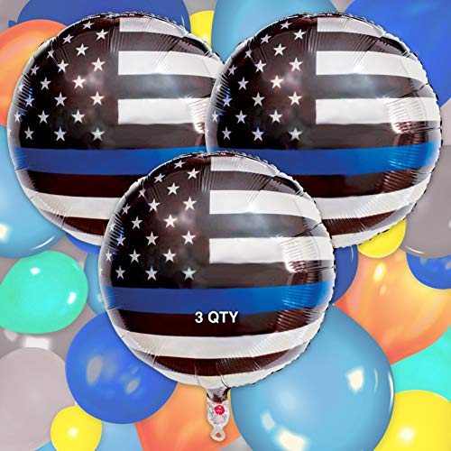 Havercamp Thin Blue Line Police Balloons – 18” Mylar, 3-Pack for Birthday Parties