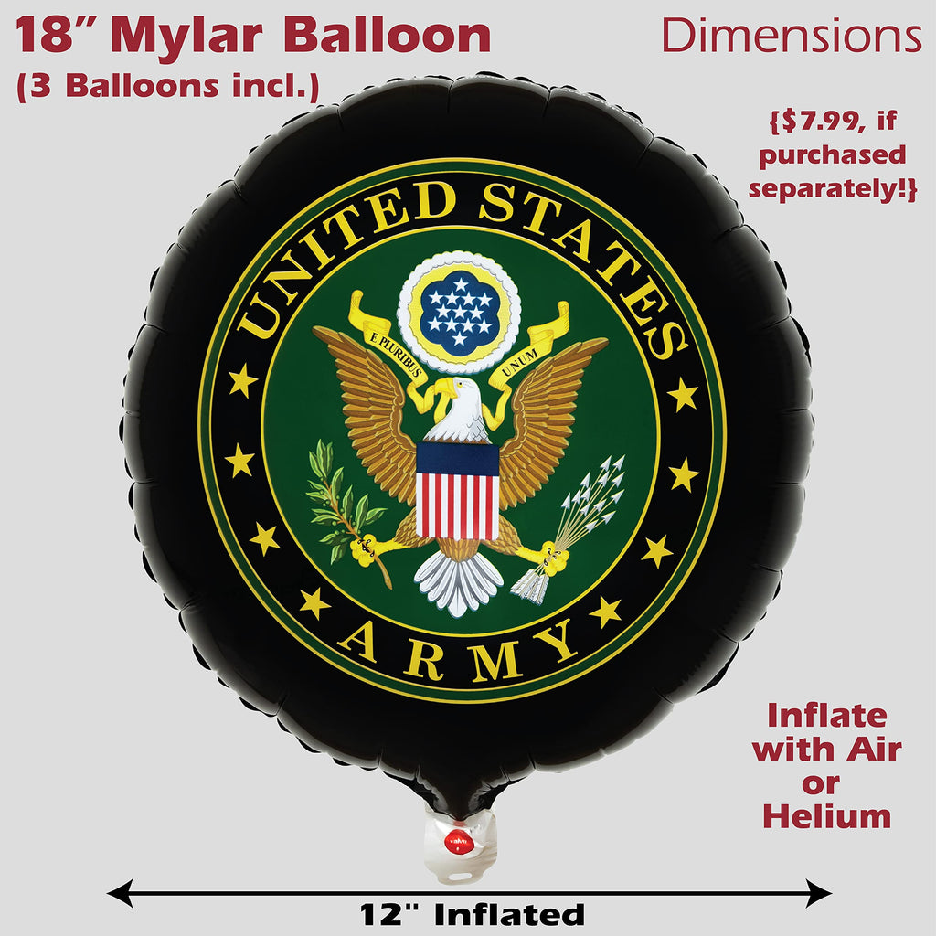 Havercamp U.S. Army Mylar Balloons 3-Pack – 18 Inch Round Foil Balloons with Official Army Crest, 2-Sided Print