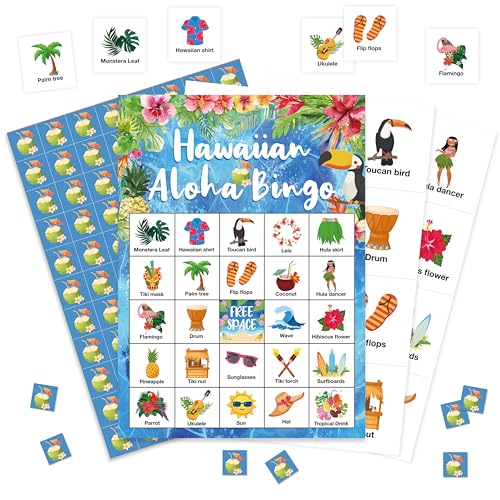 Hawaiian Aloha Bingo Game – 24 Tropical Luau Bingo Cards for Adults, Summer Party Supplies by HMJKL